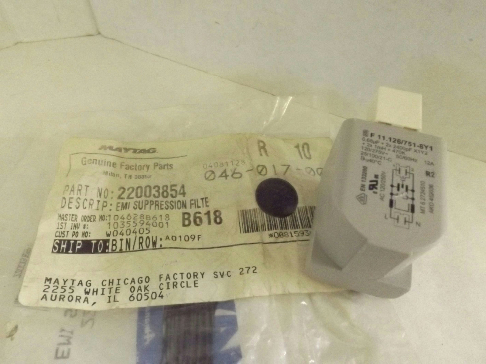 MAYTAG WHIRLPOOL WASHER 22003854 EMI SUPPRESSION FILTER NEW