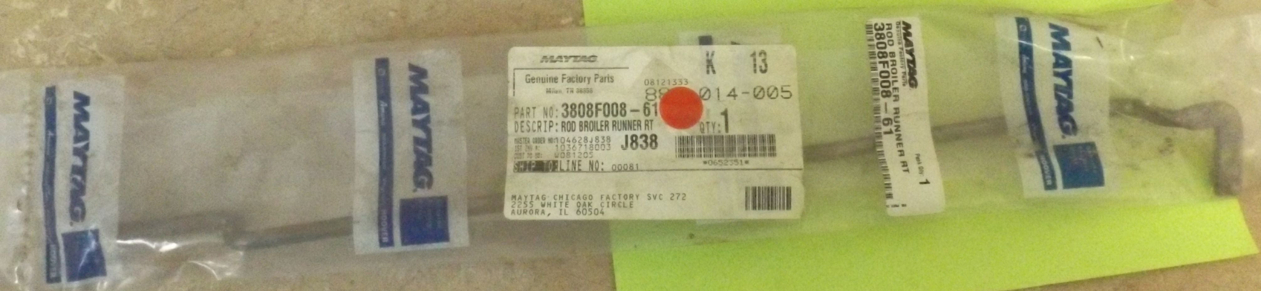 WHIRLPOOL STOVE 3808F008-61 Rod, Broiler Runner (RT) (NEW)